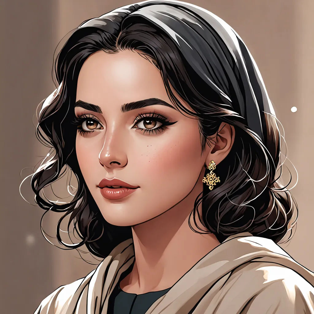 a digital painting of a woman with dark hair and earrings on her head and a brown background with a white spot, qajar art, a character portrait, Charlie Bowater, rpg portrait