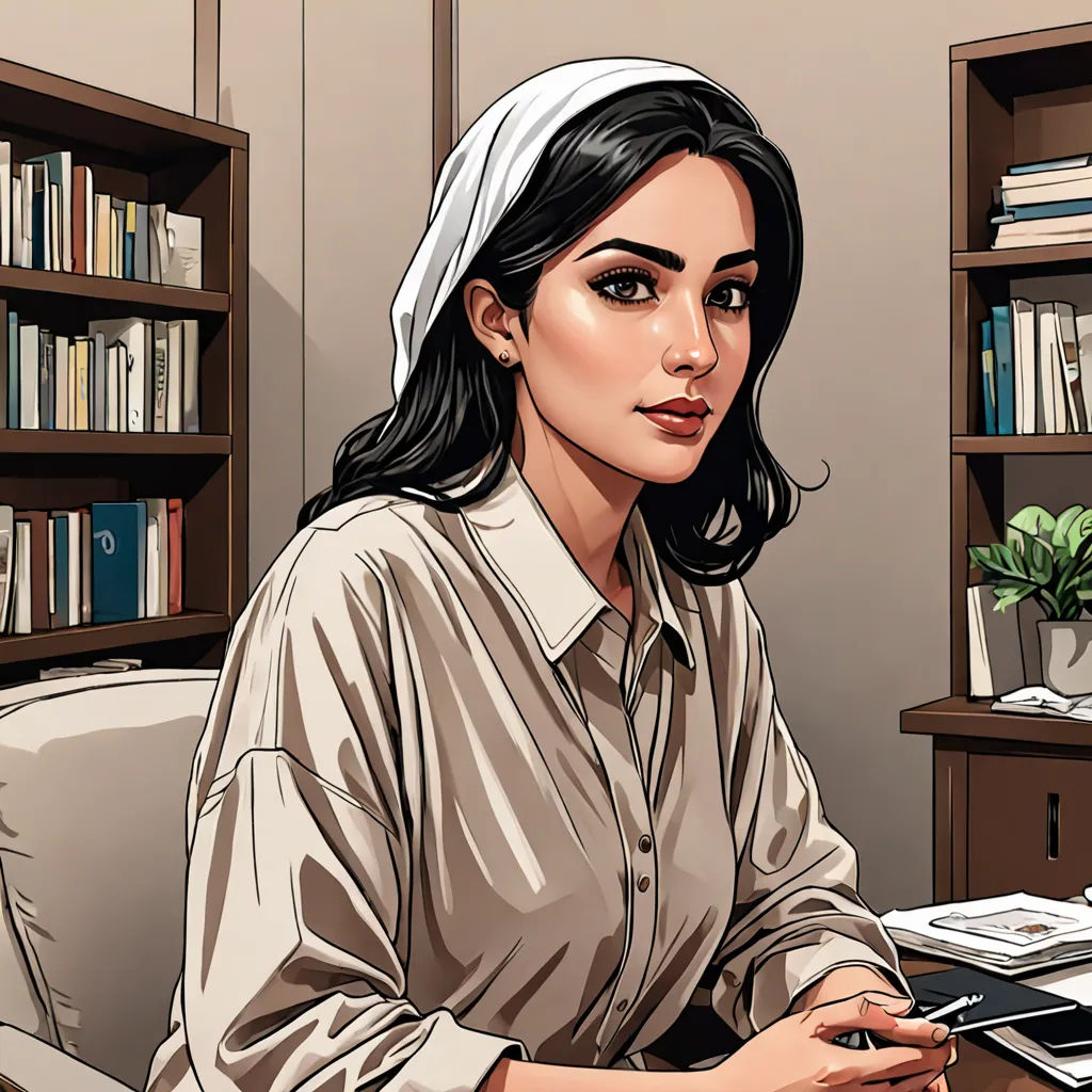 a woman sitting at a desk with a bookcase in the background and a book case in the foreground, academic art, a comic book panel, Artgerm, graphic novel