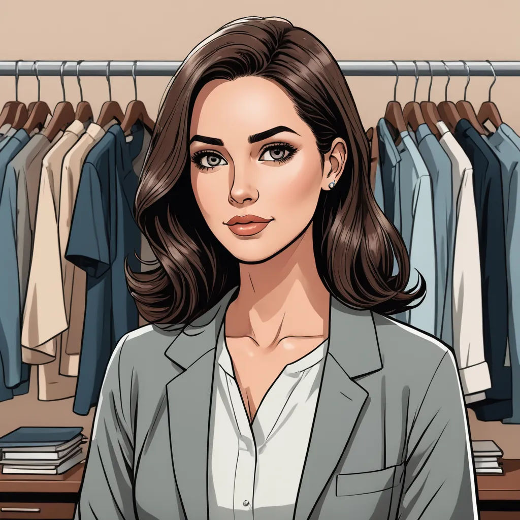 a woman in a suit jacket standing in front of a closet with clothes on hangers and a bookcase, figurativism, a character portrait, Eve Ryder, hyper realistic face