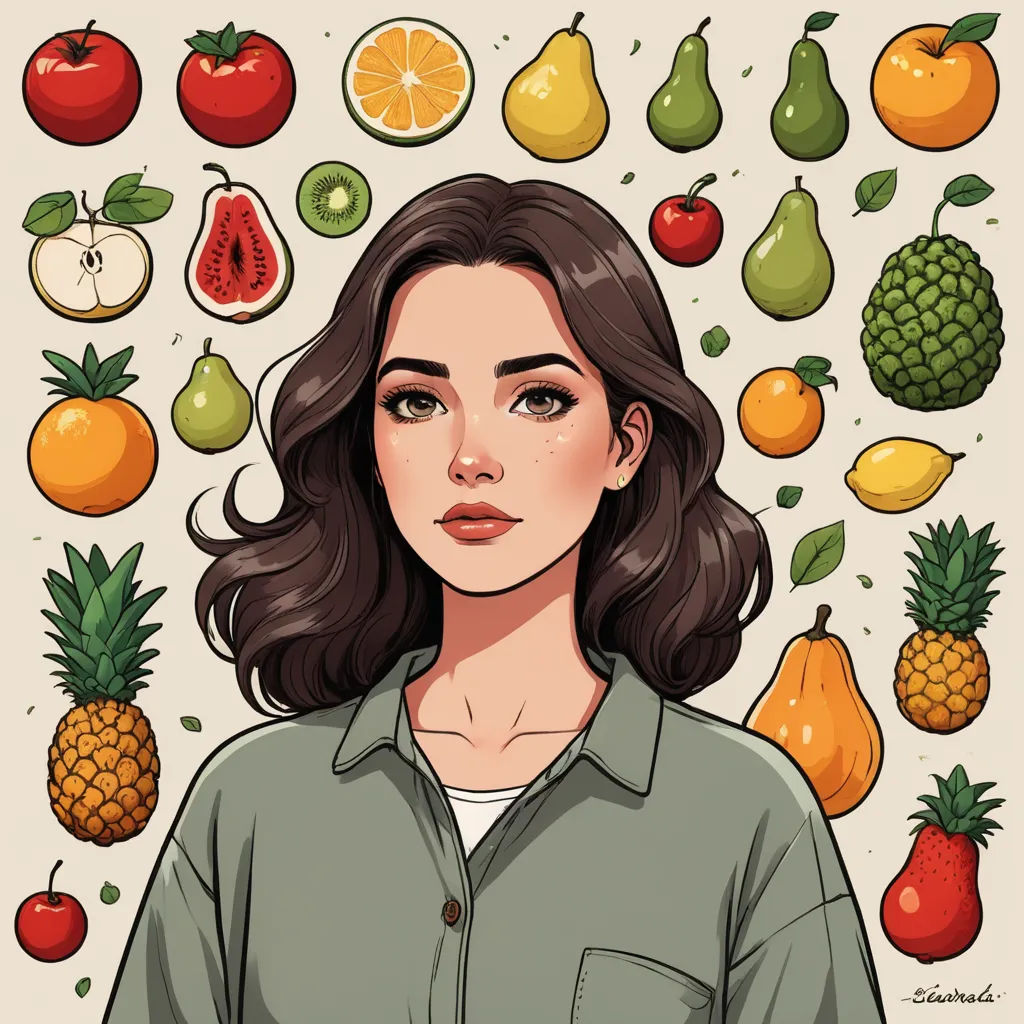 a woman with fruit around her head and a background of fruit and vegetables on the wall behind her is a woman with a green shirt, aestheticism, a character portrait, Atey Ghailan, detailed illustration