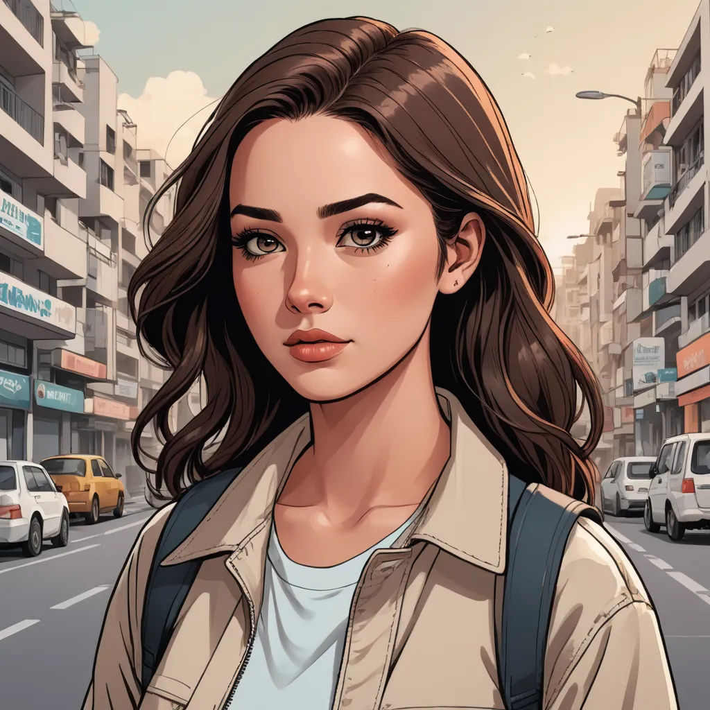 a woman standing in the middle of a city street with buildings in the background and a street sign in the foreground, serial art, a character portrait, Artgerm, city background