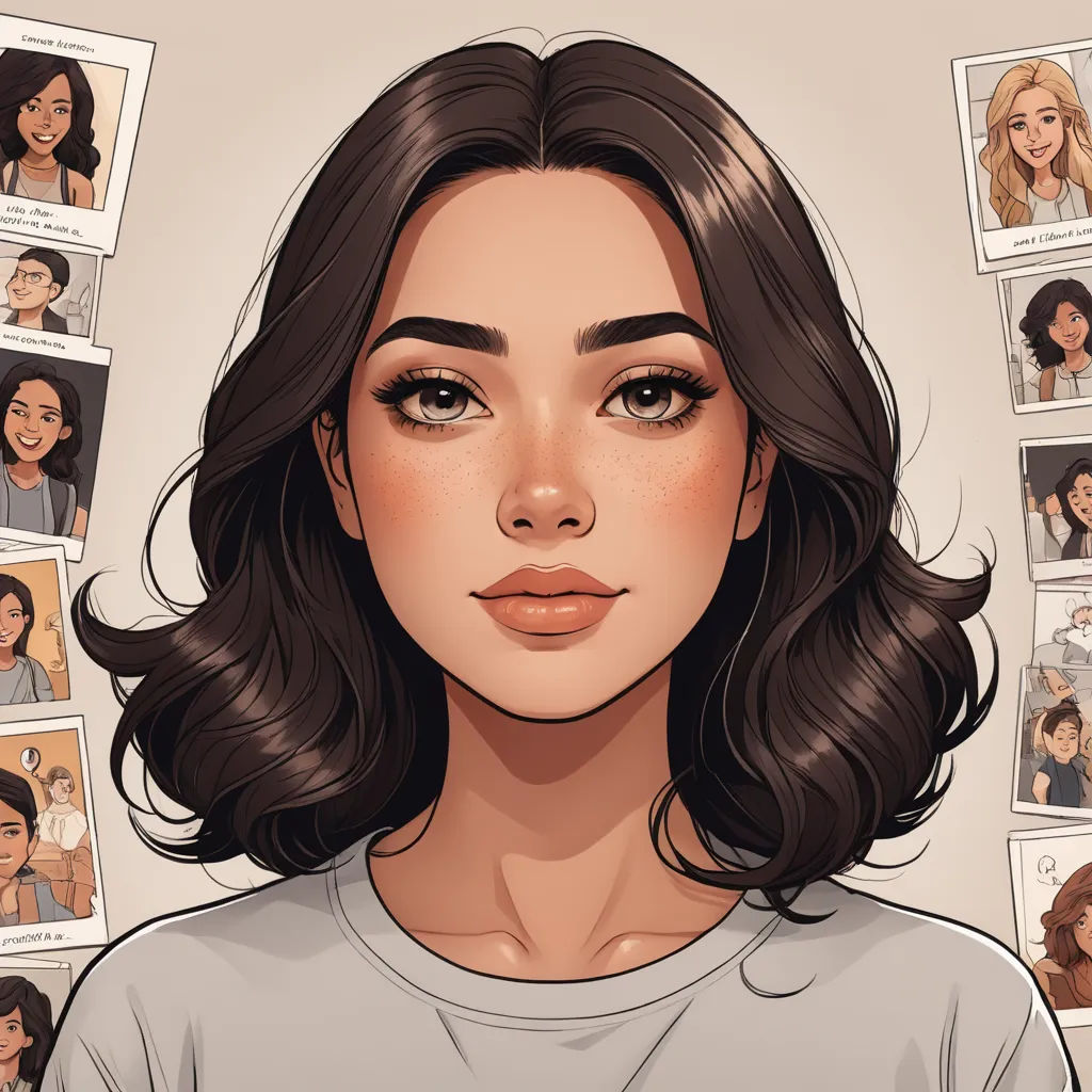 a woman with a bunch of pictures of her faces on the wall behind her, and a few people on the wall behind her, figurativism, a character portrait, Artgerm, realistic shaded perfect face