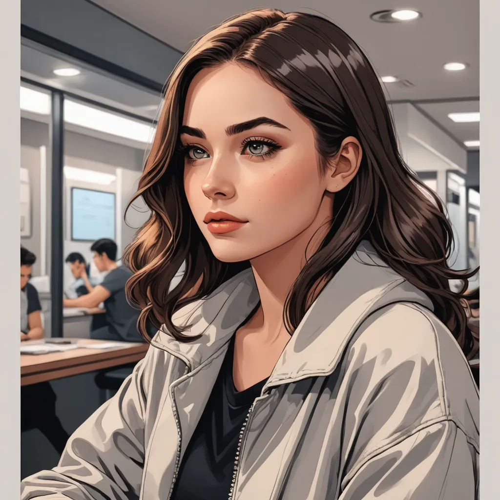 a woman sitting at a desk in an office setting with a man in the background looking at her computer, photorealism, a character portrait, Artgerm, trending on art station