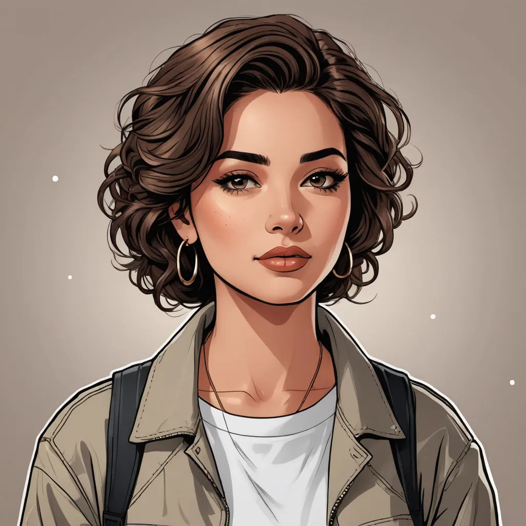 a woman with a backpack on her shoulder and a brown jacket on her shoulders, with a white shirt and a black backpack on her shoulder, sots art, a character portrait, Constance Gordon-Cumming, character portrait