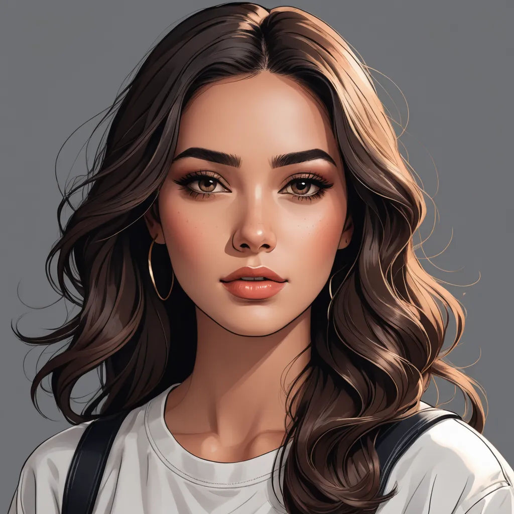 a digital painting of a woman with long hair and a white shirt on her shirt is shown in a portrait, photorealism, a photorealistic painting, Artgerm, realistic shaded perfect face