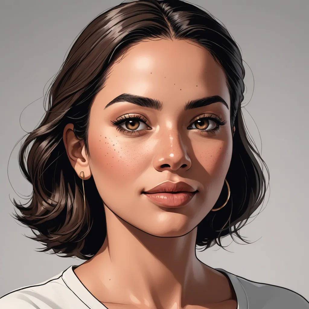 a digital painting of a woman with freckles on her face and shoulder, with a white shirt on, photorealism, a character portrait, Artgerm, realistic shaded perfect face