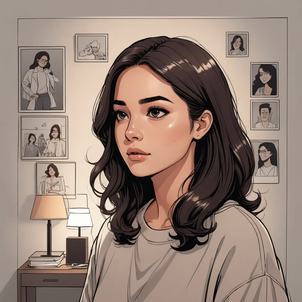 a woman with long hair standing in front of a desk with a lamp on it and pictures on the wall, aestheticism, a character portrait, Artgerm, stanley artgerm lau