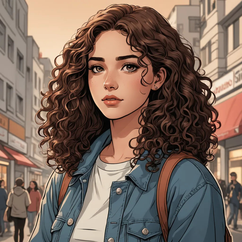 a woman with curly hair standing in front of a crowd of people on a city street with buildings and shops, serial art, a comic book panel, Artgerm, comic cover art