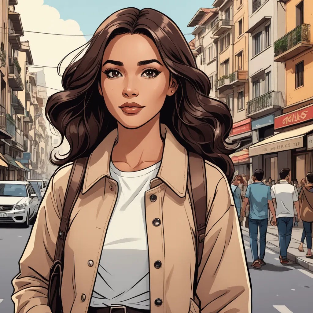 a woman in a brown jacket is standing on a street corner with people walking by and buildings in the background, hyperrealism, a comic book panel, Alena Aenami, comic cover art