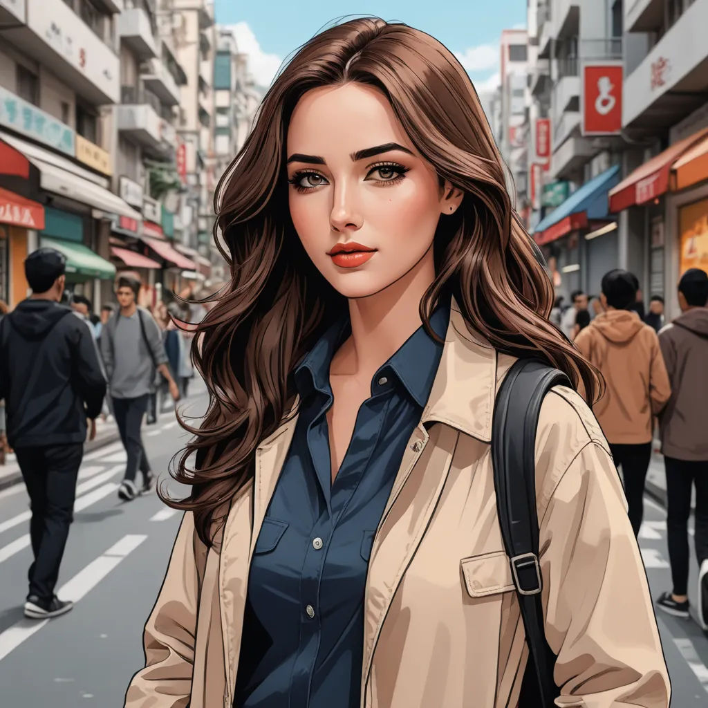 a woman in a trench coat is walking down the street with a backpack on her shoulder and people walking on the sidewalk behind her, aestheticism, a comic book panel, Artgerm, city background
