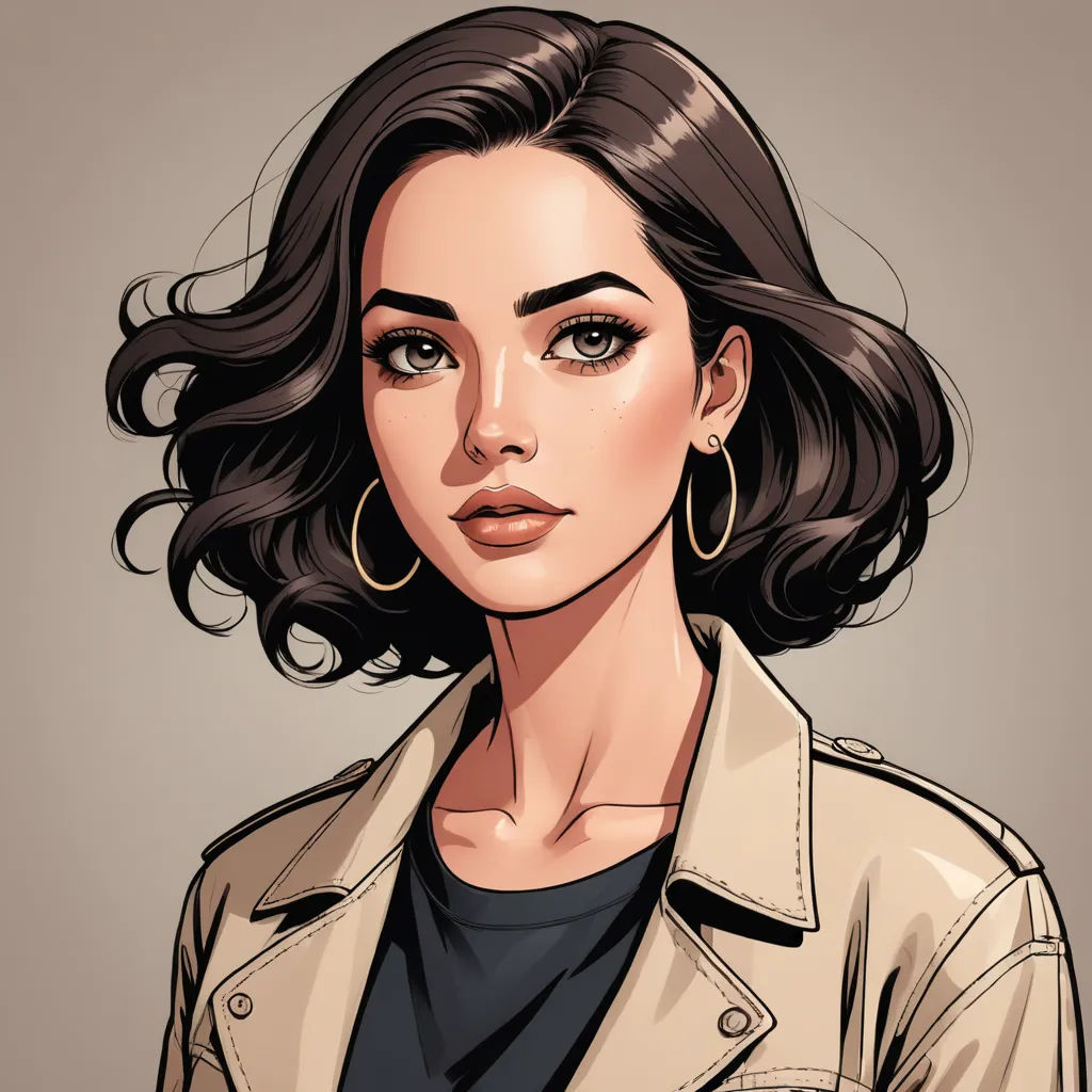 a woman with a jacket and earrings on her head, in a cartoon style, with a gray background, art nouveau, a character portrait, Artgerm, character portrait