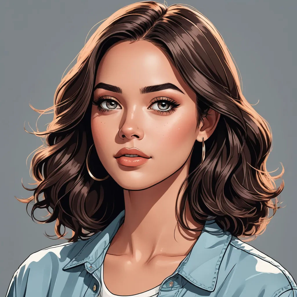 a woman with a blue shirt and a pair of earrings on her head, with a gray background and a gray background, photorealism, a character portrait, Artgerm, realistic shaded perfect face