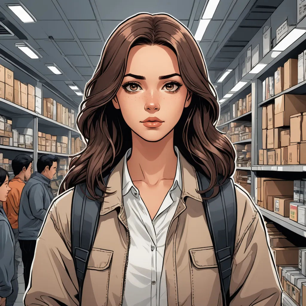 a woman in a library with a backpack on her shoulder and a man in the background behind her looking at the camera, serial art, a comic book panel, Artgerm, graphic novel