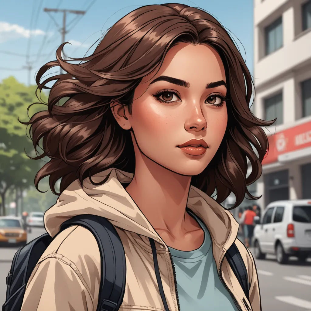 a woman with a backpack on a city street with a building in the background and a street sign in the foreground, sots art, a character portrait, Artgerm, kinkade