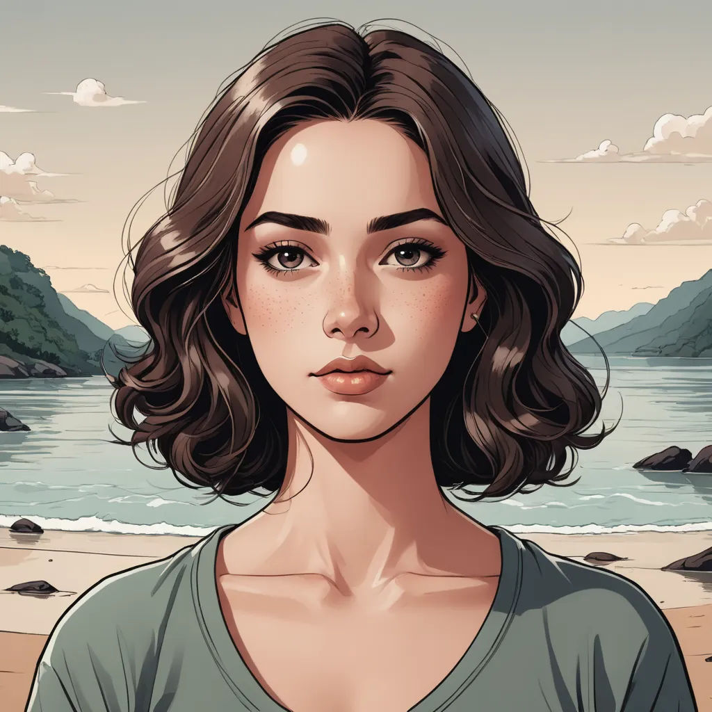 a woman with a green shirt on a beach near the ocean and mountains in the background, with a sky and clouds, serial art, a character portrait, Atey Ghailan, trending on art station