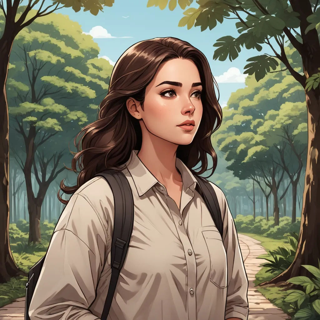 a woman with a backpack is standing in the woods looking at something in the distance with trees and bushes behind her, sots art, a character portrait, Cedric Seaut (Keos Masons), character portrait