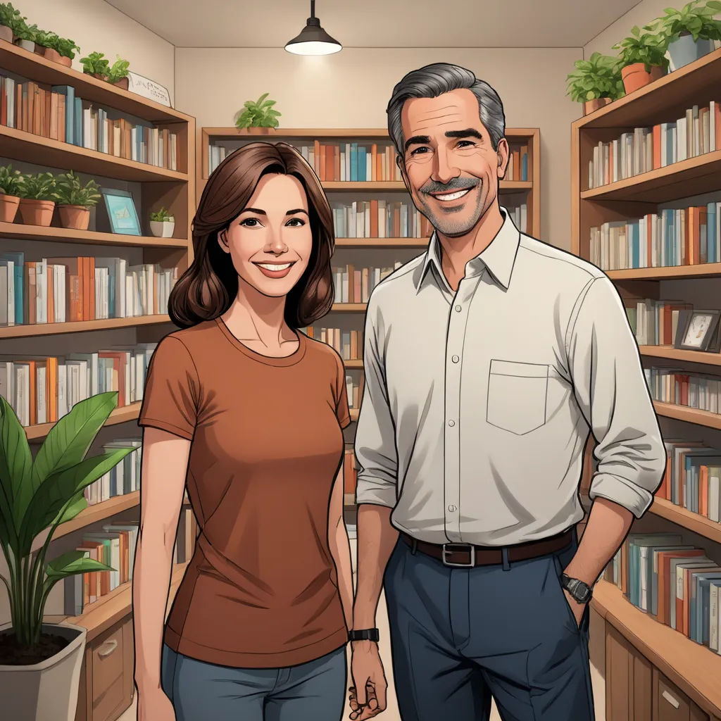 a man and a woman standing in front of a library full of books and plants, with a cartoon of them, serial art, a stock photo, Dan Scott, character portrait