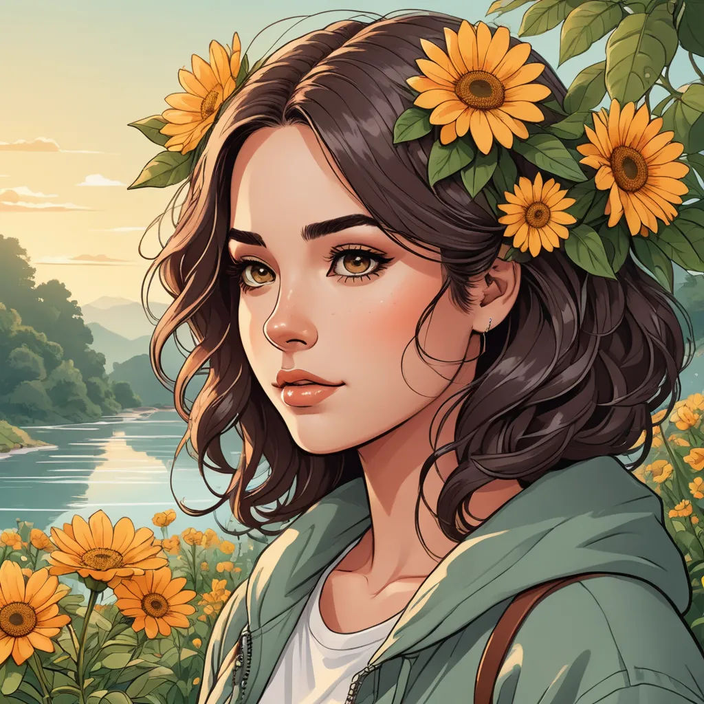 a girl with sunflowers in her hair and a green jacket on her head, standing in a field of sunflowers, fantasy art, a character portrait, Charlie Bowater, trending on art station