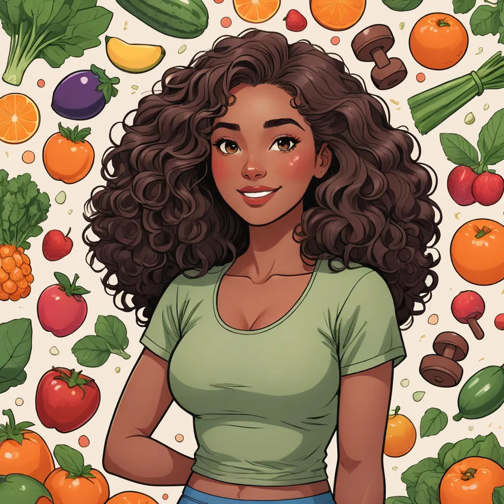 a woman standing in front of a bunch of fruits and vegetables with a green shirt on her shoulders and a green shirt on her chest, context art, a character portrait, Constance Gordon-Cumming, organic