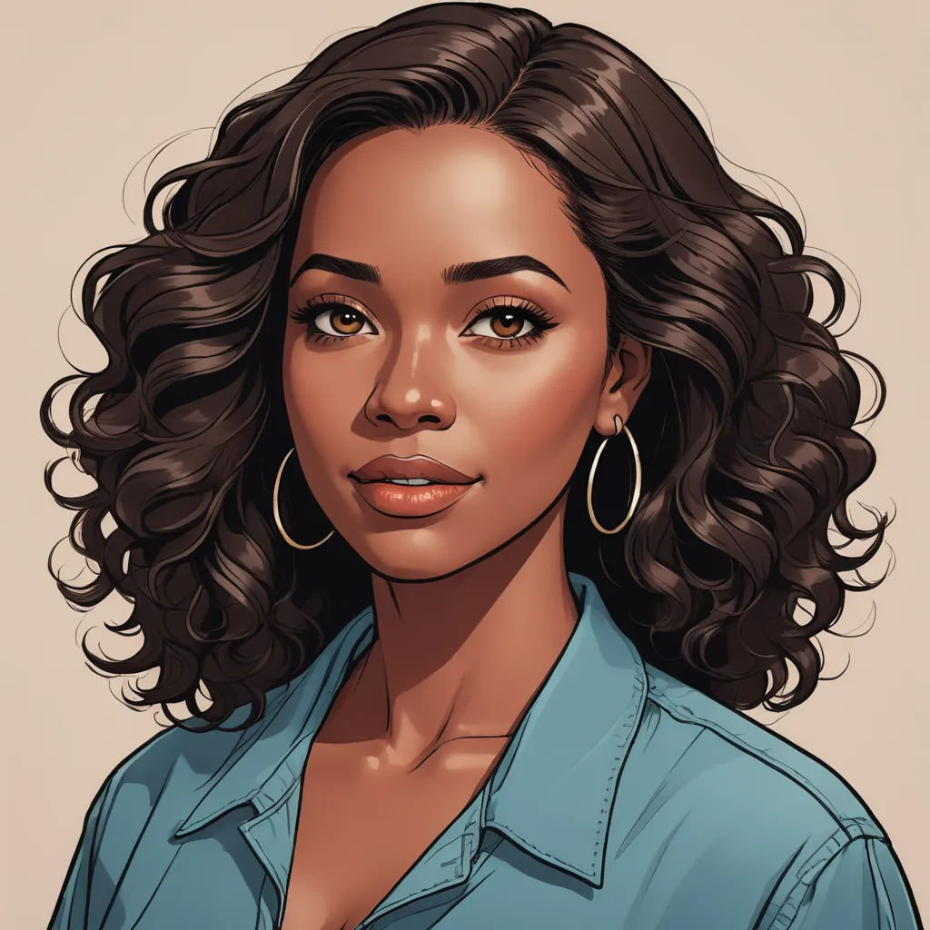 a woman with a blue shirt and large hoop earrings on her head, looking at the camera, with a neutral background, photorealism, a character portrait, Charlie Bowater, rpg portrait