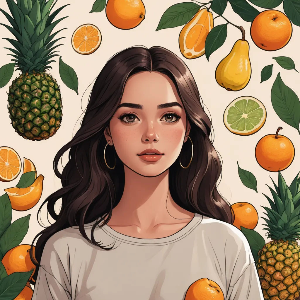 a woman standing in front of a bunch of fruit with a pineapple and oranges around her head, aestheticism, a detailed drawing, Audrey Kawasaki, sachin teng