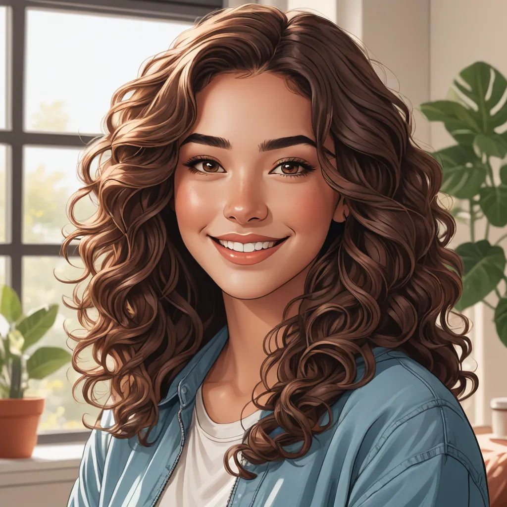 a digital painting of a woman with curly hair and a smile on her face, in front of a window, photorealism, a character portrait, Constance Gordon-Cumming, hyper realistic face