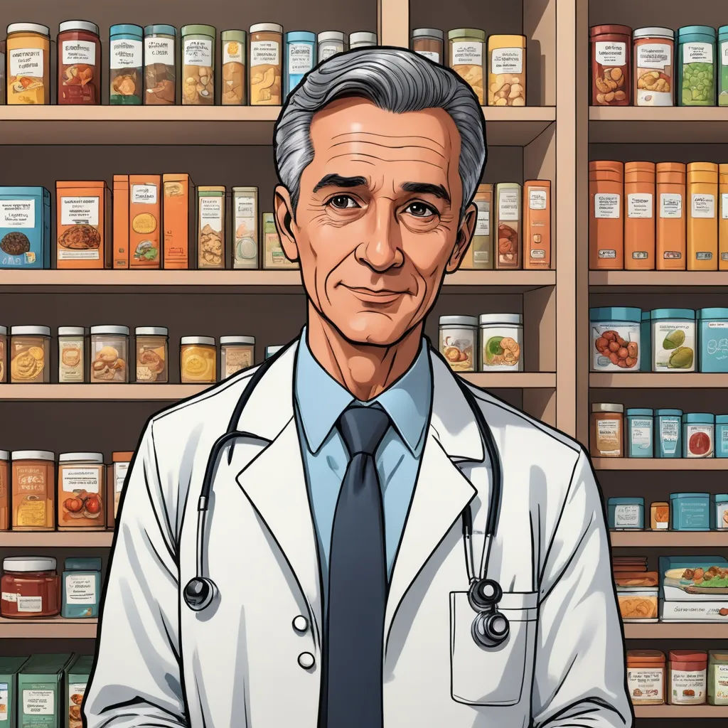 a cartoon of a doctor in front of a pharmacy shelf with jars of medicine on it and a stethoscope, remodernism, a character portrait, Doc Hammer, high detail illustration