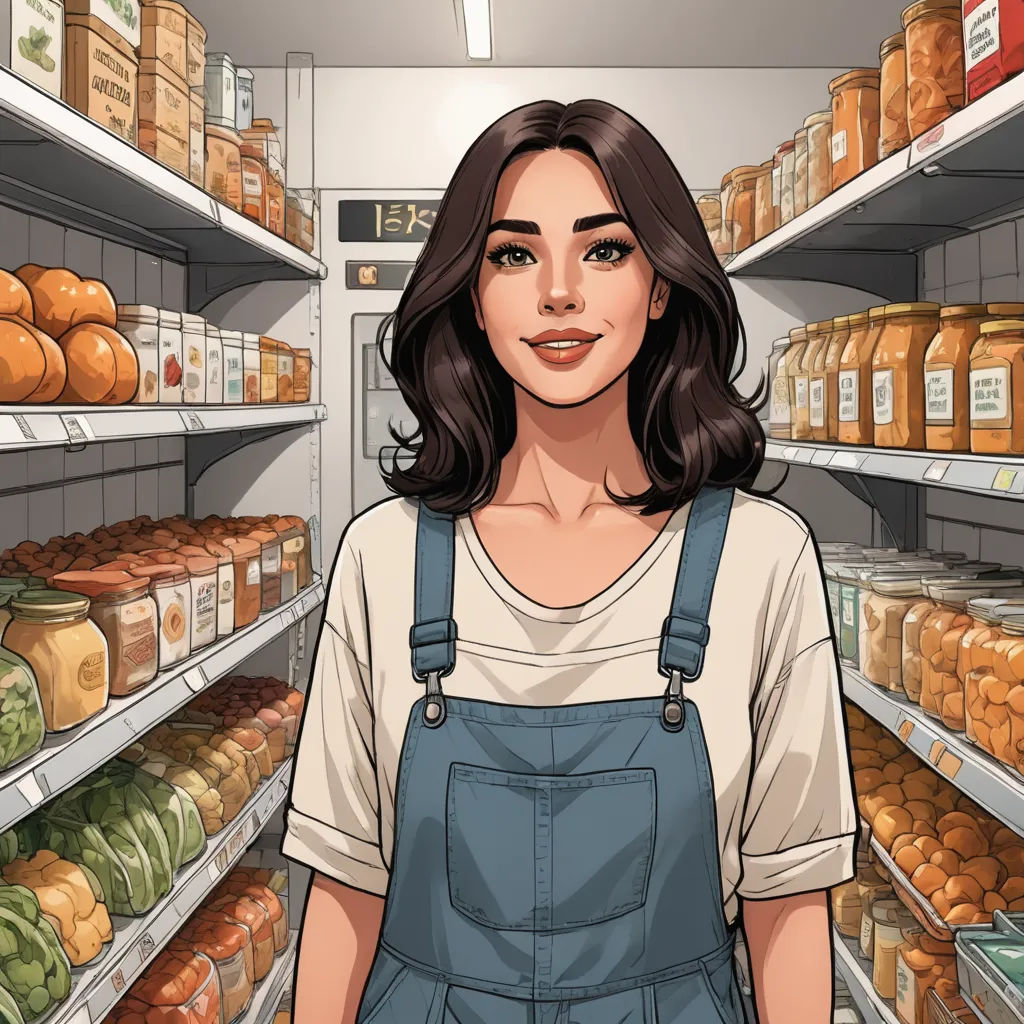 a woman standing in front of a shelf of food in a store with shelves full of food and jars, net art, a character portrait, Caroline Chariot-Dayez, hyper realistic face