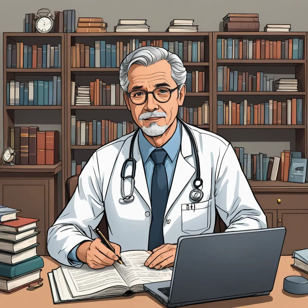 a cartoon of a doctor working on a laptop computer in front of a bookshelf with a laptop, neoplasticism, computer graphics, Doc Hammer, high detail illustration