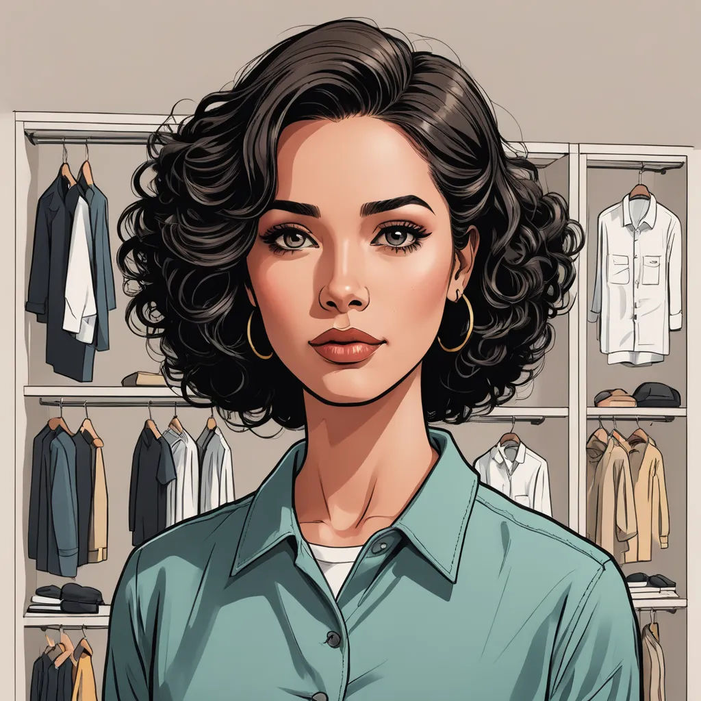a woman with a green shirt and a green shirt on a shelf with clothes on it and a white shirt on a hanger, hyperrealism, a character portrait, Artgerm, hyper realistic face