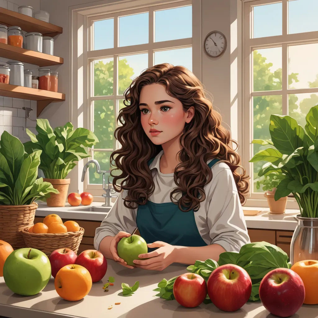 a painting of a woman holding an apple in a kitchen with many fruits and vegetables on the counter top, fantasy art, a storybook illustration, Artgerm, trending on art station