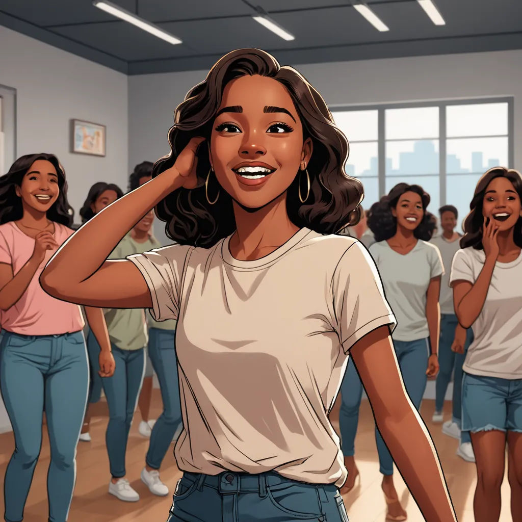 a woman in a white shirt and blue jeans dancing with other people in a room with a window and a ceiling, harlem renaissance, a comic book panel, Chinwe Chukwuogo-Roy, comic cover art