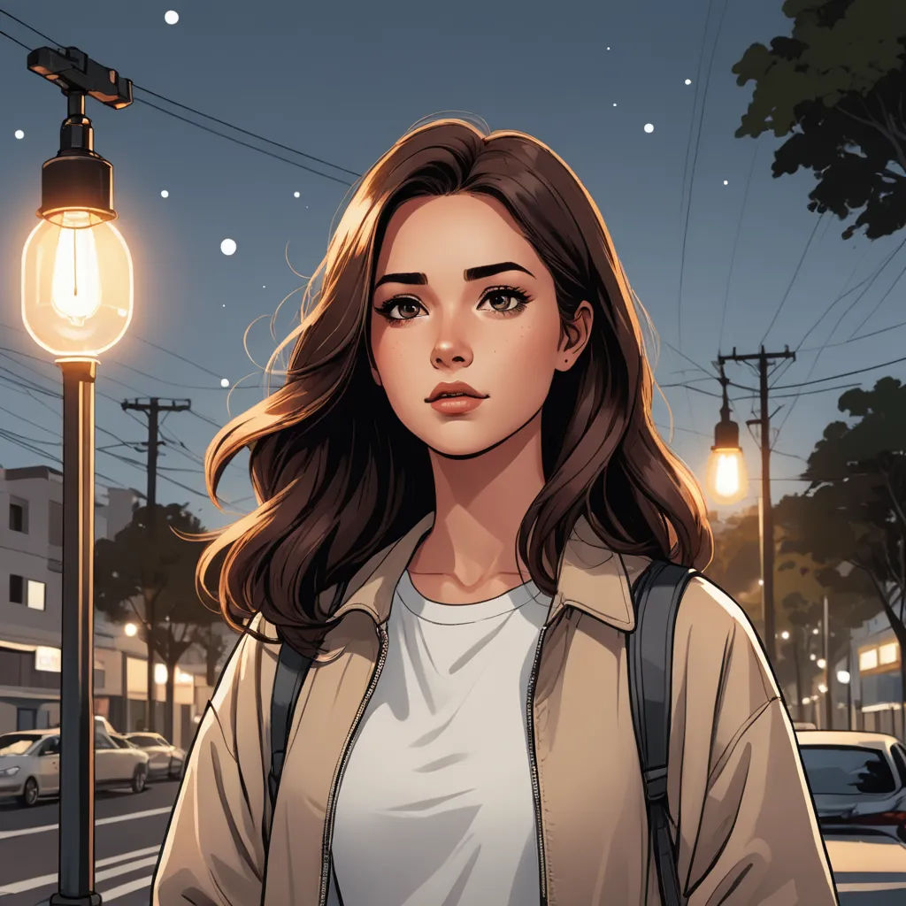 a woman standing next to a street light at night with a street light in the background and a car parked on the side of the road, serial art, a comic book panel, Atey Ghailan, kinkade