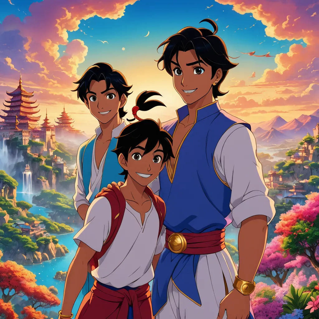 a cartoon of two men and a woman standing in front of a sunset with a castle in the background, dau-al-set, concept art, Altoon Sultan, official art