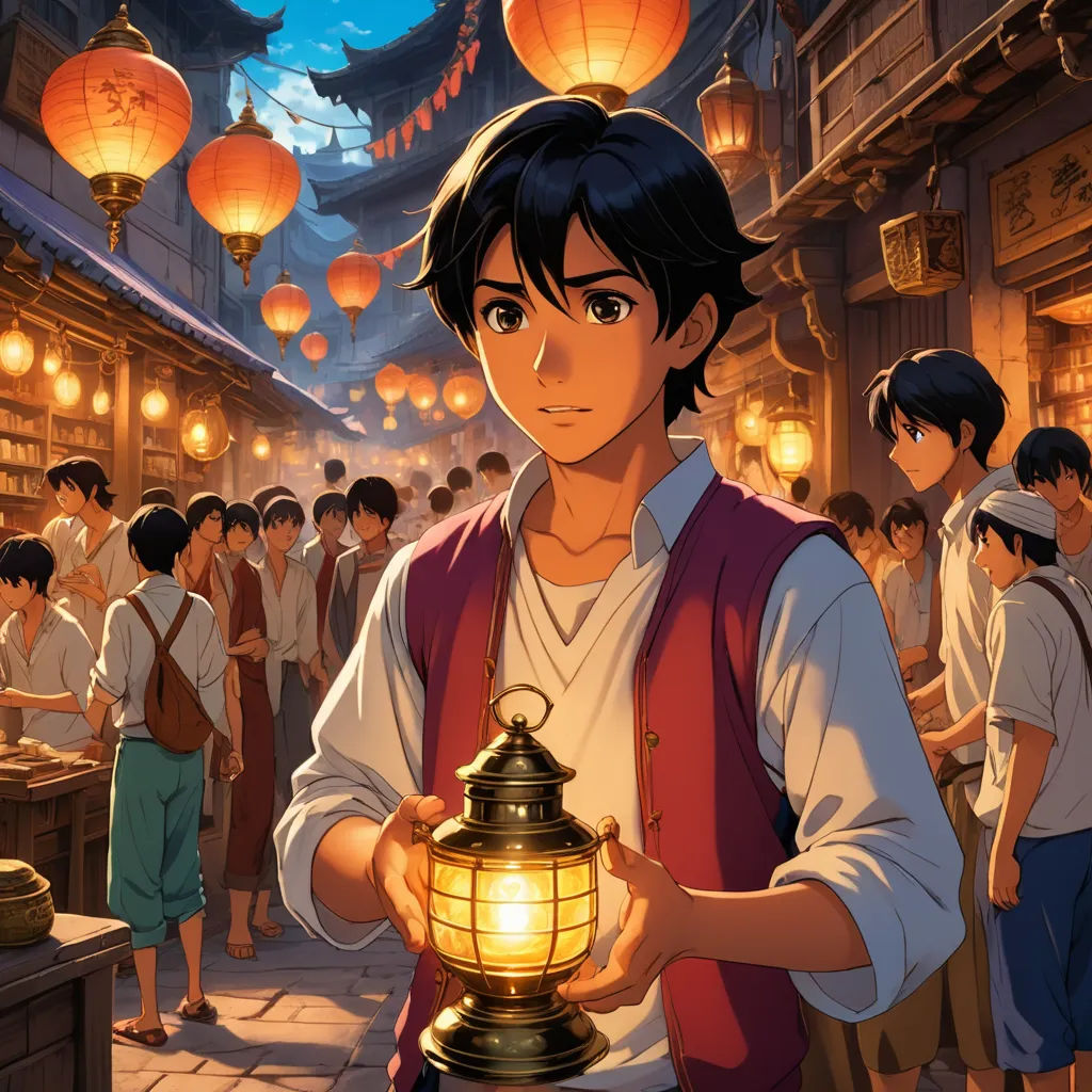 a man holding a lantern in a crowded area of a city with people standing around it and lanterns hanging from the ceiling, magical realism, concept art, disney, official art