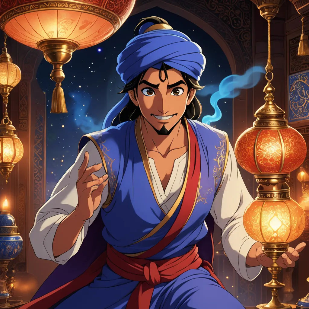 a cartoon character in a blue outfit with a red sash and a blue hat on, sitting in a room with lanterns and lamps, dau-al-set, concept art, Altoon Sultan, rossdraws global illumination