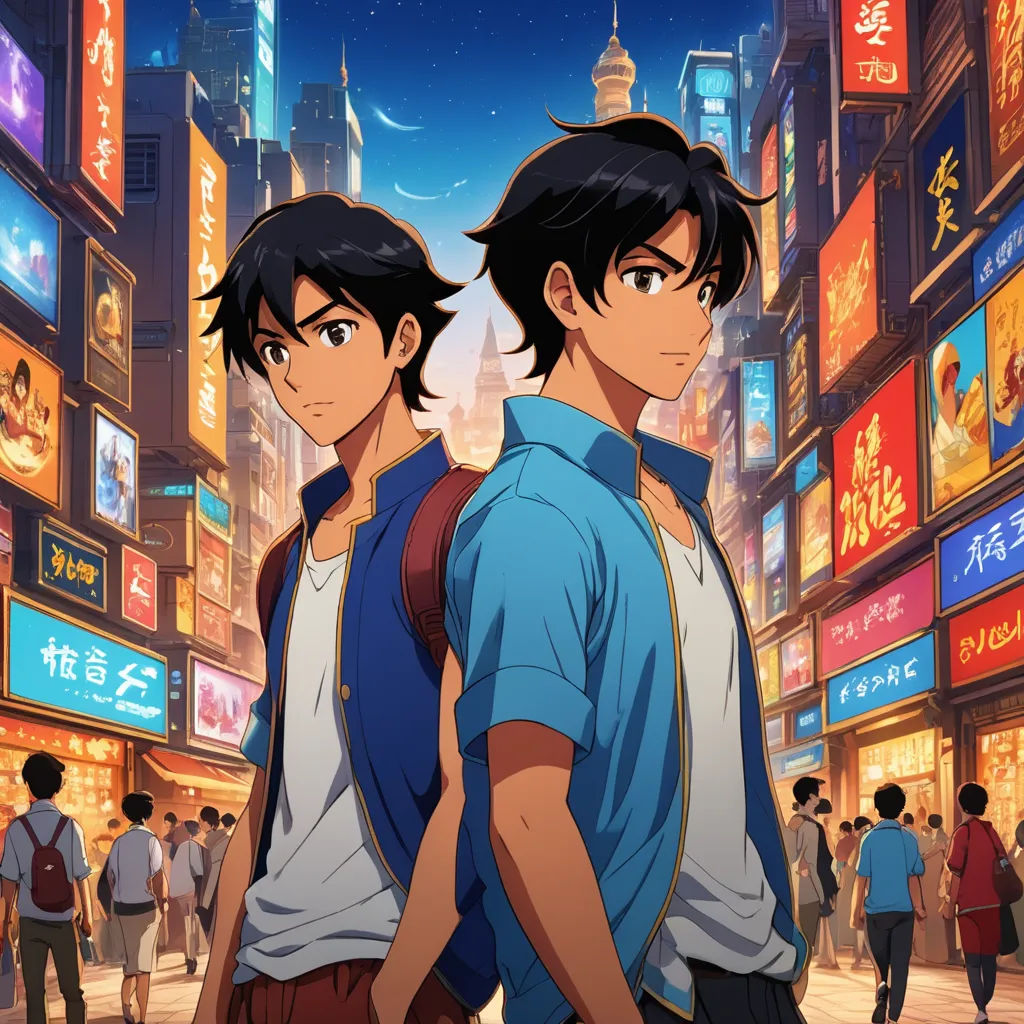 two young men standing in front of a city at night with neon signs on the buildings and people walking around, serial art, a poster, Ai-Mitsu, anime key visual