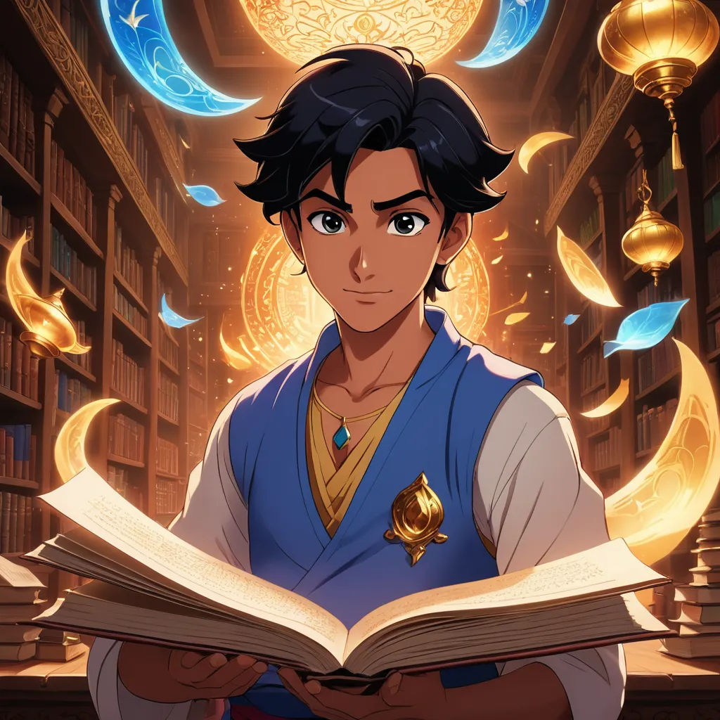 a young man is reading a book in a library with a lot of books flying around him and a golden ball hanging from the ceiling, fantasy art, concept art, Everett Warner, rossdraws global illumination