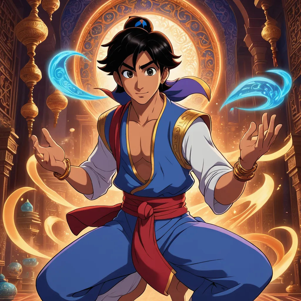 a cartoon character with a blue outfit and a red belt, holding a blue light up in his hand, dau-al-set, poster art, Altoon Sultan, official art