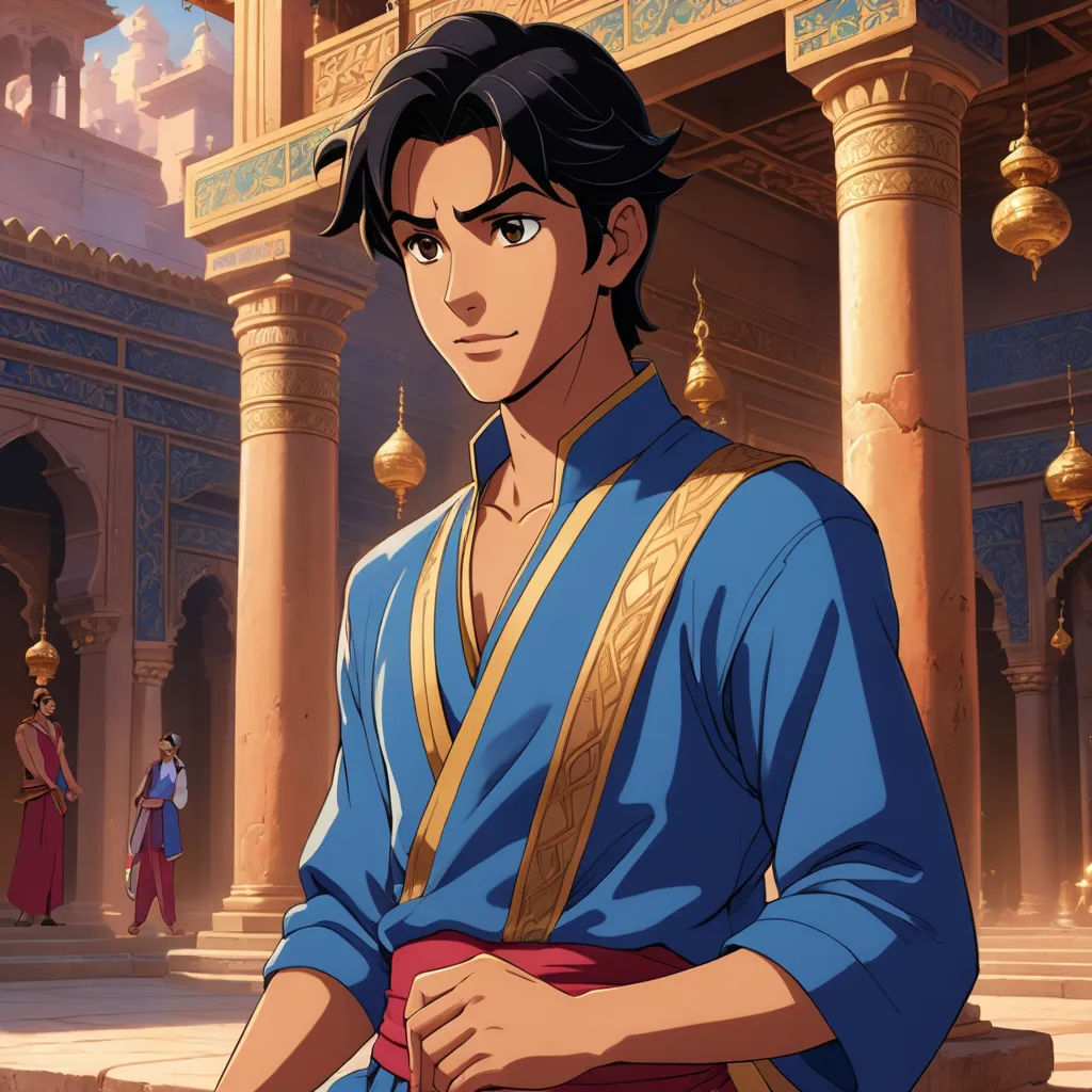 a man in a blue shirt and red pants standing in front of a building with columns and pillars on it, dau-al-set, concept art, Altoon Sultan, official art