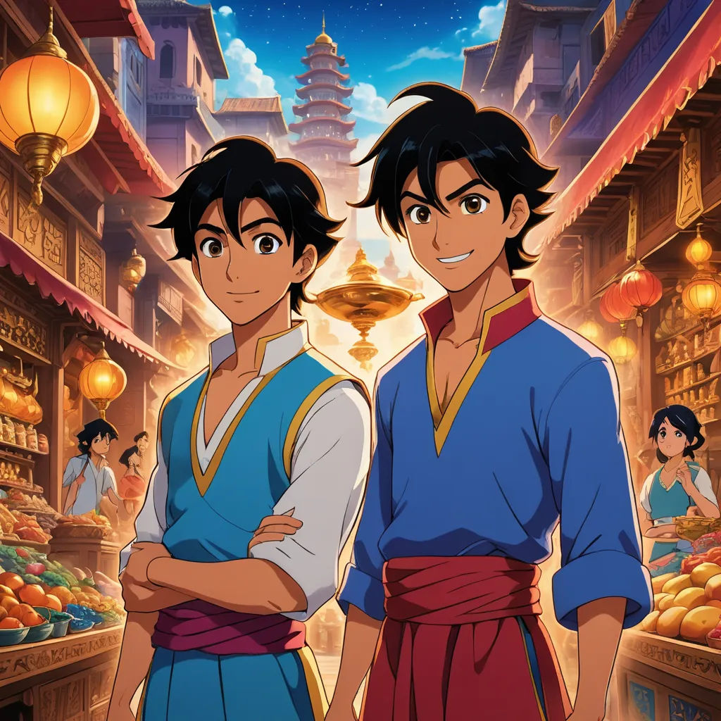 two young men standing in front of a store with a sky background and a pagoda in the background, with a lantern hanging above them, dau-al-set, concept art, disney, official art