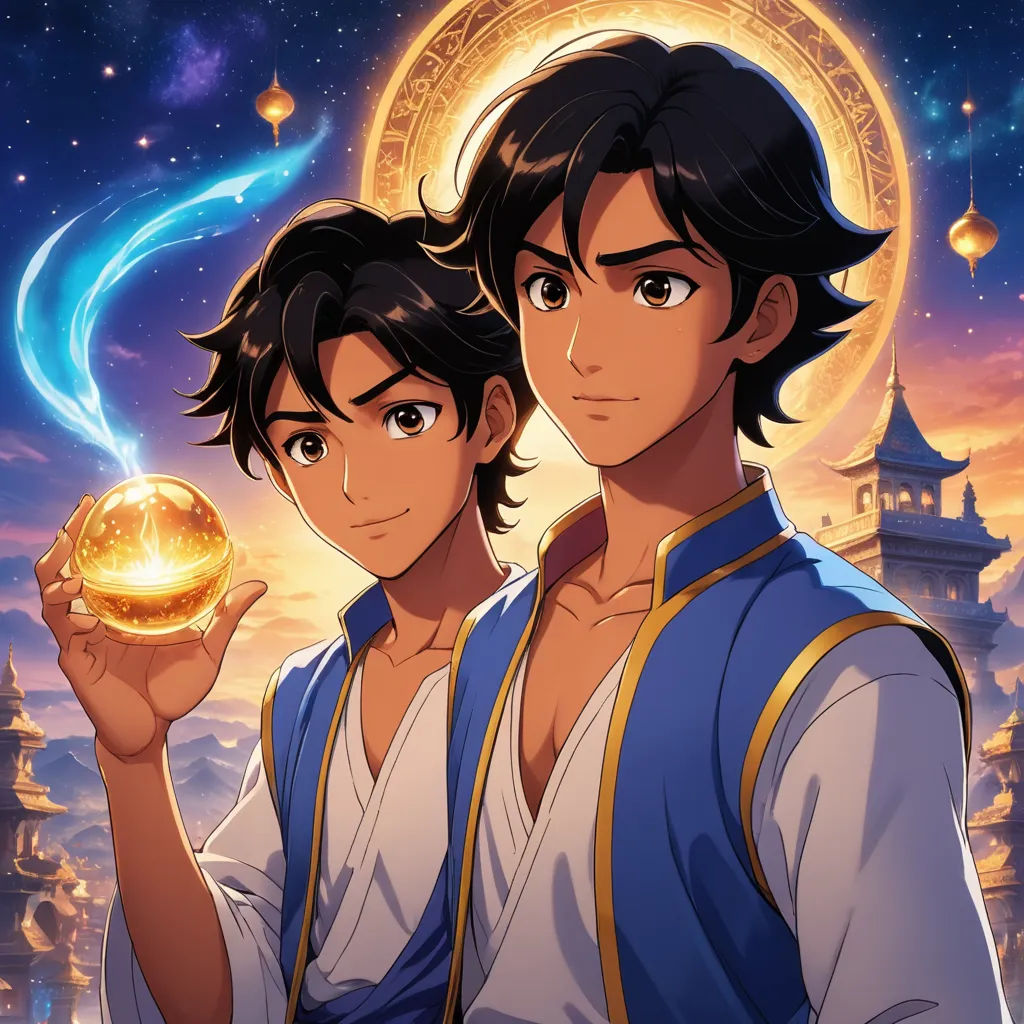 a couple of people holding a golden object in front of a sky with stars and clouds in the background, cloisonnism, concept art, Altoon Sultan, official art