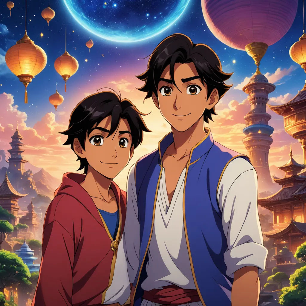 a couple of people standing next to each other in front of a sky filled with lanterns and lanterns hanging from the ceiling, cloisonnism, concept art, disney, official art