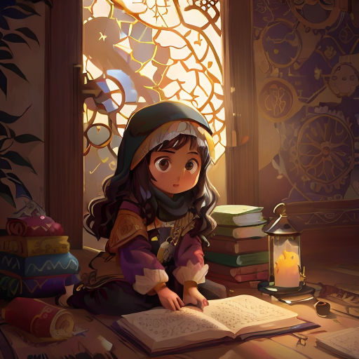 a little girl sitting on a table with a book and a lantern in front of her, reading a book