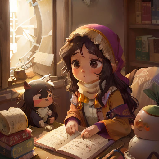 a girl sitting at a table with a book and a doll next to her, reading a book, and a clock in the background