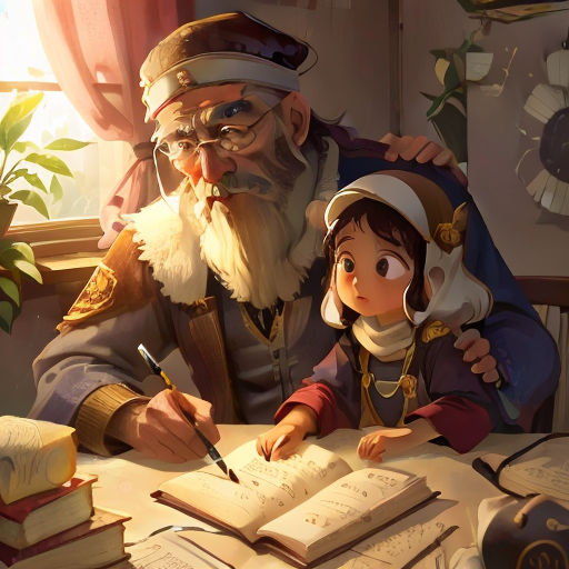 a cartoon of a man and a girl sitting at a table with books and a pen in front of them