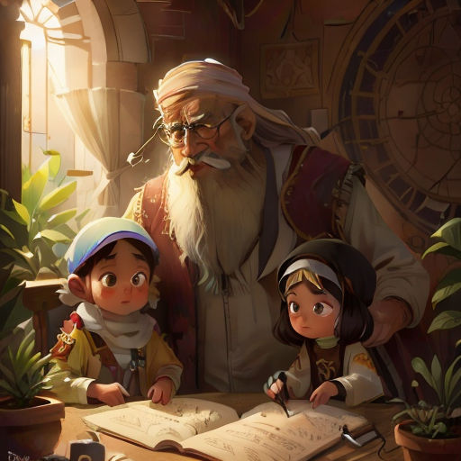 a man and a little girl are sitting at a table with a book and a pipe in their hand
