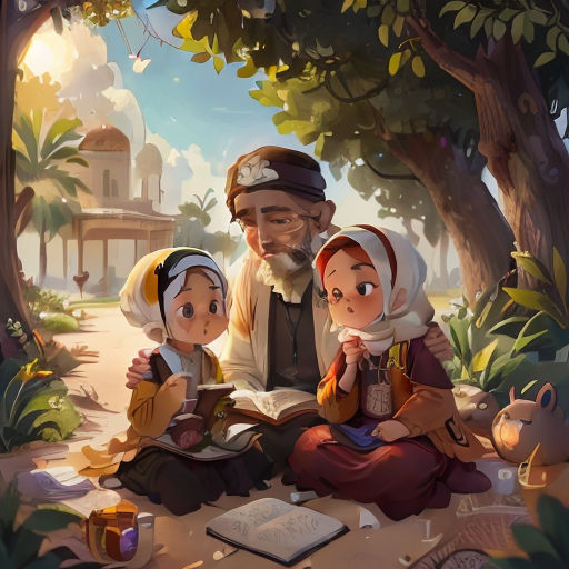 a man and two children sitting on the ground reading a book together in the woods with a lantern in the background