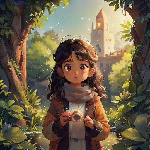 a girl holding a camera in a forest with a castle in the background and a stream running through it