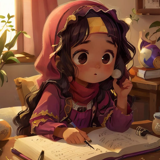 a little girl sitting at a desk writing on a book and holding a pen in her hand and looking at the camera